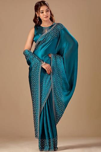 Teal embellished beads and stones organza heavy work saree