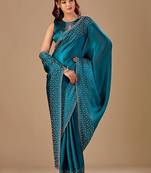 Teal embellished beads and stones organza heavy work saree