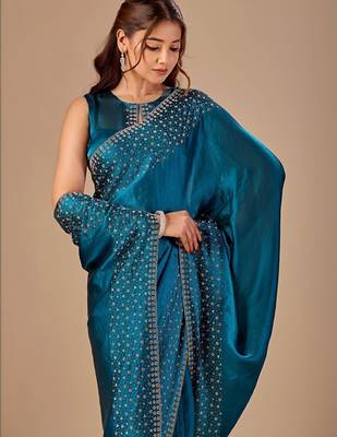Teal embellished beads and stones organza heavy work saree 2