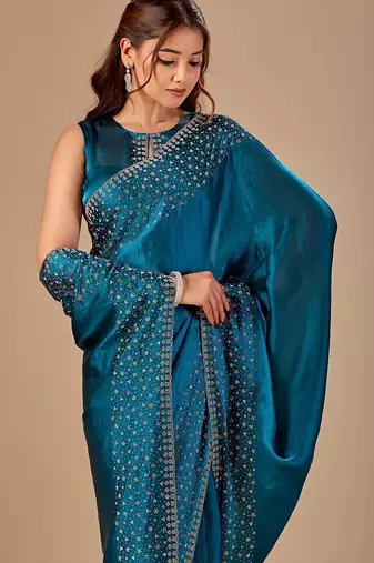 Teal embellished beads and stones organza heavy work saree
