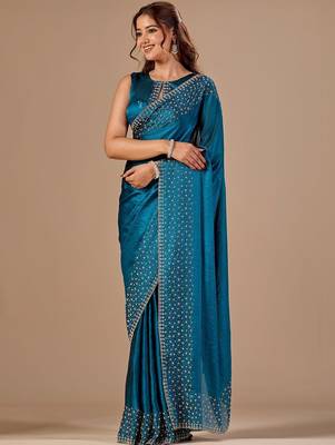 Teal embellished beads and stones organza heavy work saree 3