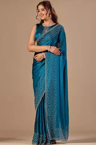 Teal embellished beads and stones organza heavy work saree