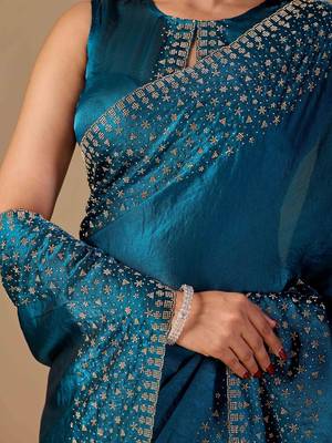 Teal embellished beads and stones organza heavy work saree 4