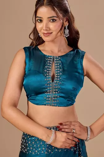 Teal embellished beads and stones organza heavy work saree