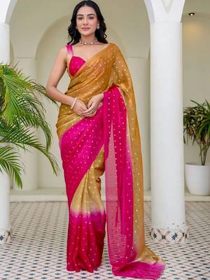 Pink polka dot zari jute silk saree 1
