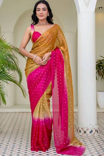 Pink polka dot zari jute silk saree