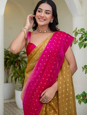 Pink polka dot zari jute silk saree 2