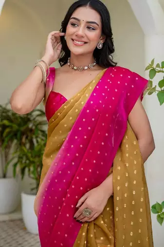 Pink polka dot zari jute silk saree