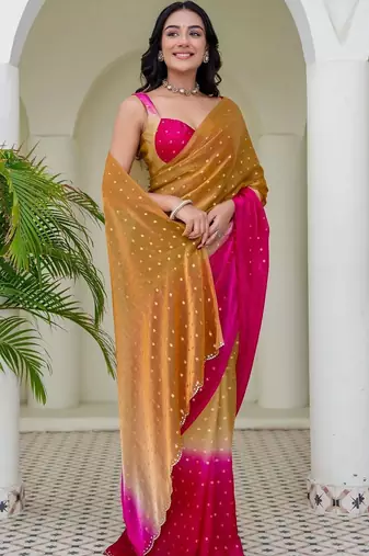 Pink polka dot zari jute silk saree