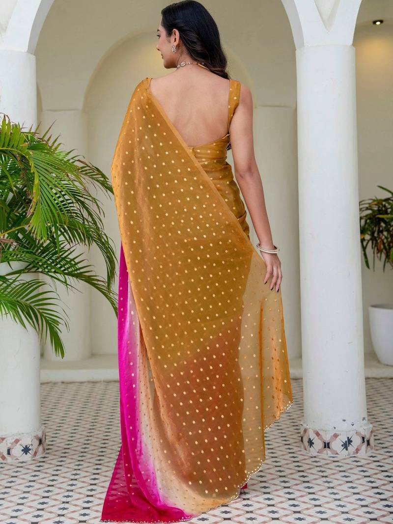 Pink polka dot zari jute silk saree