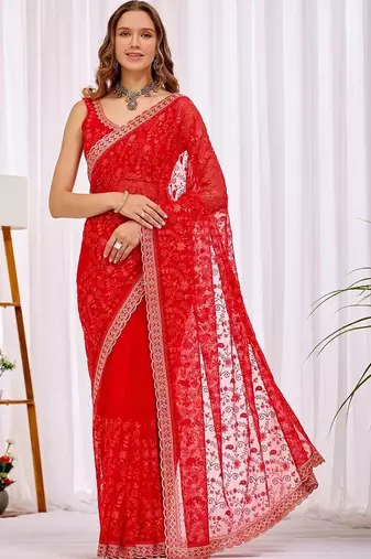 Red women floral beads and stones  chiffon heavy work saree