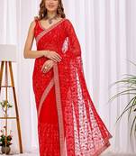 Red women floral beads and stones  chiffon heavy work saree