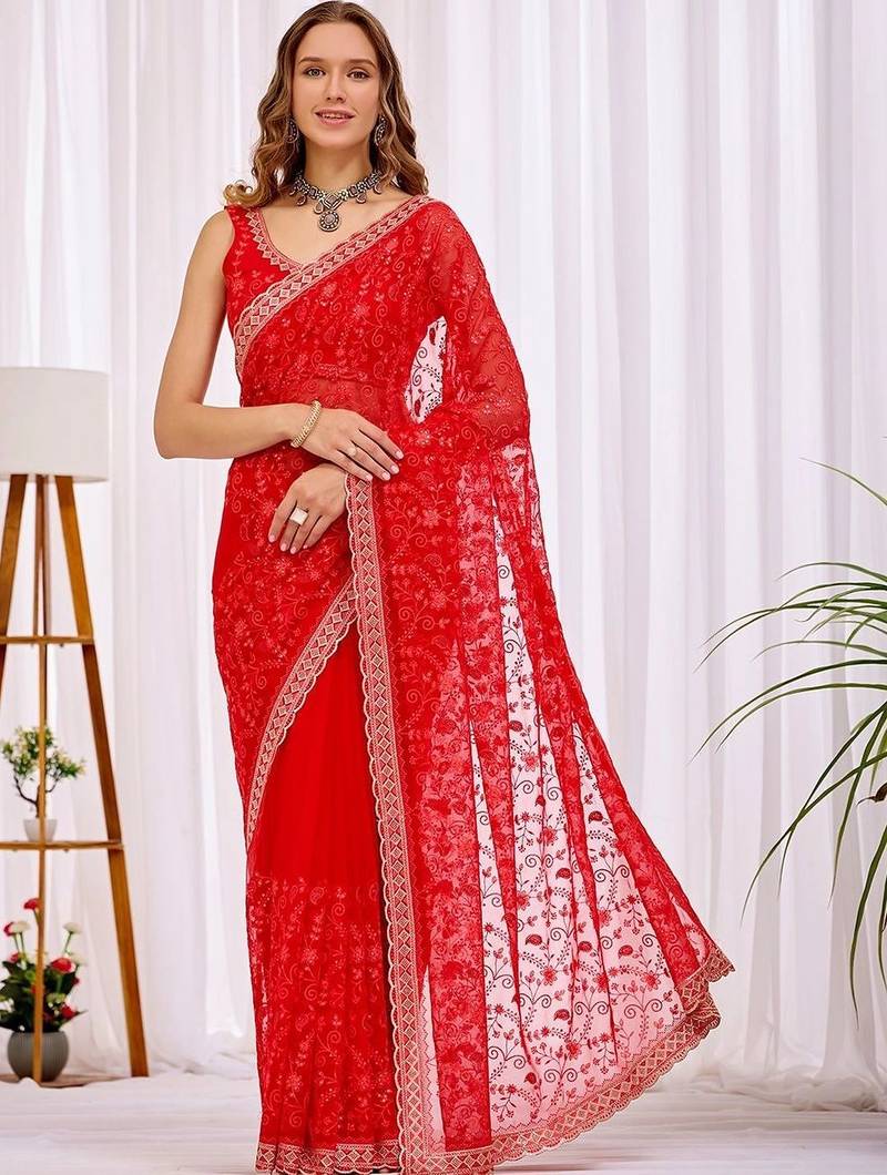 Red women floral beads and stones  chiffon heavy work saree
