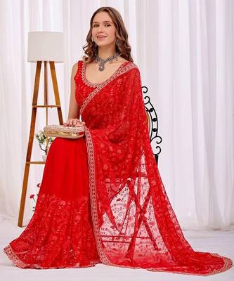 Red women floral beads and stones  chiffon heavy work saree 2