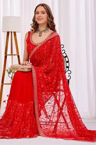 Red women floral beads and stones  chiffon heavy work saree