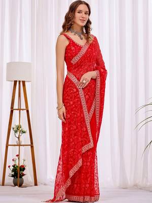 Red women floral beads and stones  chiffon heavy work saree 3