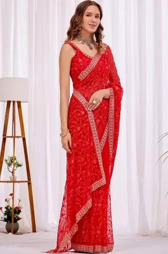 Red women floral beads and stones  chiffon heavy work saree