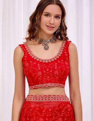 Red women floral beads and stones  chiffon heavy work saree 4