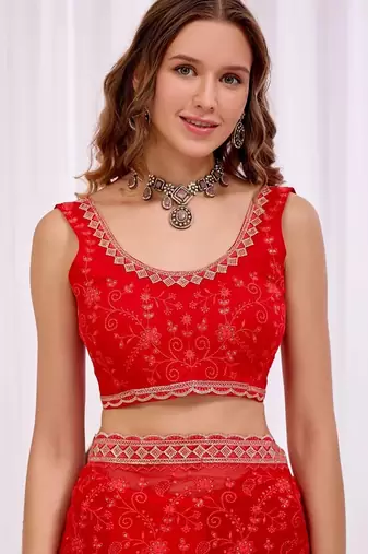 Red women floral beads and stones  chiffon heavy work saree