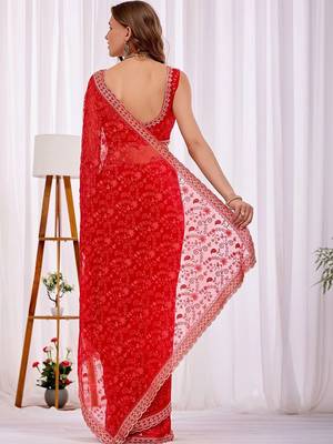Red women floral beads and stones  chiffon heavy work saree 5