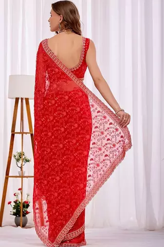 Red women floral beads and stones  chiffon heavy work saree