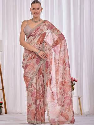 Peach floral beads and stones tissue saree 1
