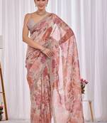 Peach floral beads and stones tissue saree