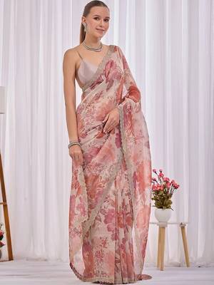 Peach floral beads and stones tissue saree 3