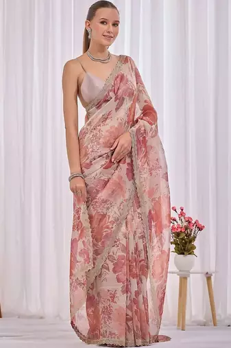 Peach floral beads and stones tissue saree