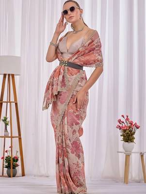Peach floral beads and stones tissue saree 4