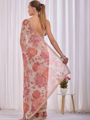Peach floral beads and stones tissue saree 5
