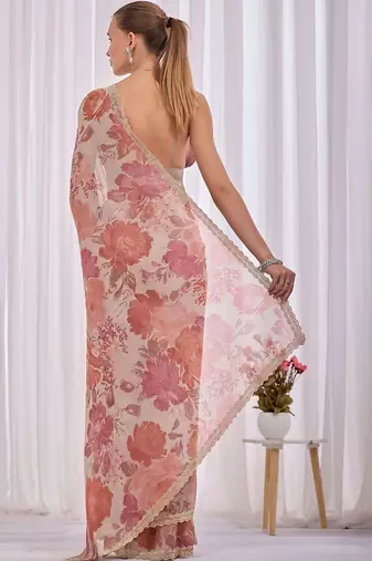 Peach floral beads and stones tissue saree