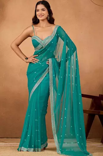 Teal floral embroidered  chiffon saree