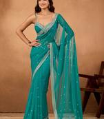 Teal floral embroidered  chiffon saree