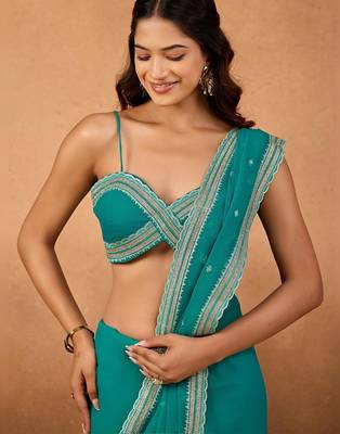 Teal floral embroidered  chiffon saree 2