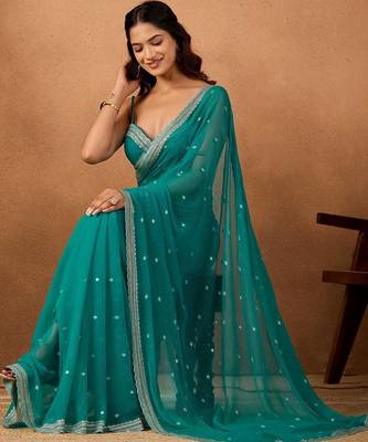 Teal floral embroidered  chiffon saree 3