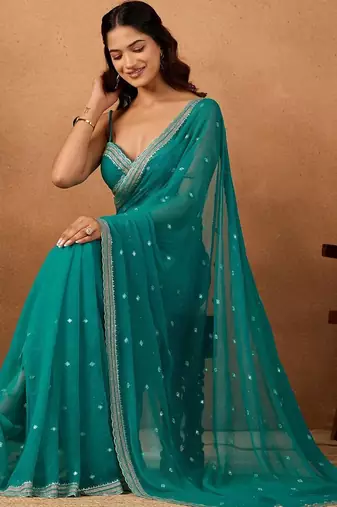 Teal floral embroidered  chiffon saree