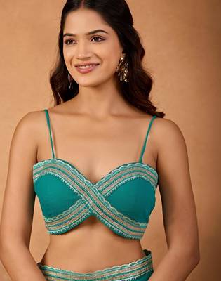 Teal floral embroidered  chiffon saree 4