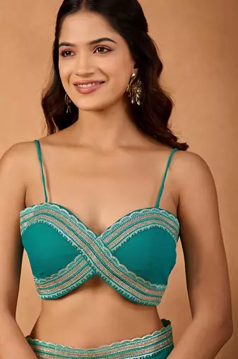 Teal floral embroidered  chiffon saree