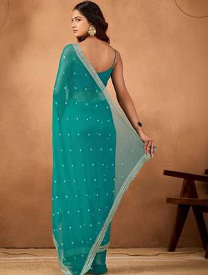 Teal floral embroidered  chiffon saree 5