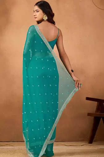 Teal floral embroidered  chiffon saree