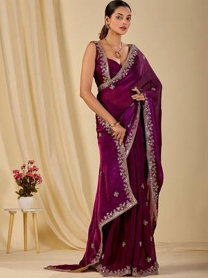 Purple ethnic motifs embroidered organza saree 1