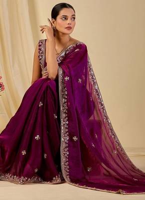 Purple ethnic motifs embroidered organza saree 3
