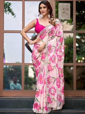 Off white floral sequinned organza saree 1