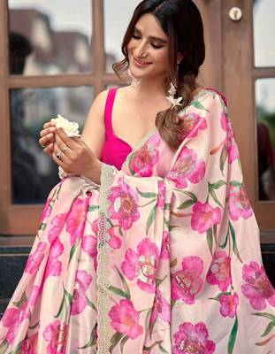Off white floral sequinned organza saree 2