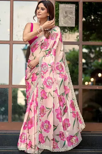 Off white floral sequinned organza saree