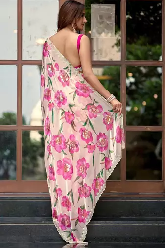 Off white floral sequinned organza saree