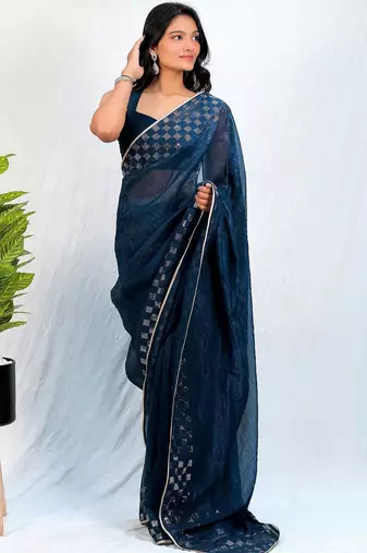 Navy blue embellished sequinned tissue heavy work saree