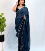 Navy blue embellished sequinned tissue heavy work saree