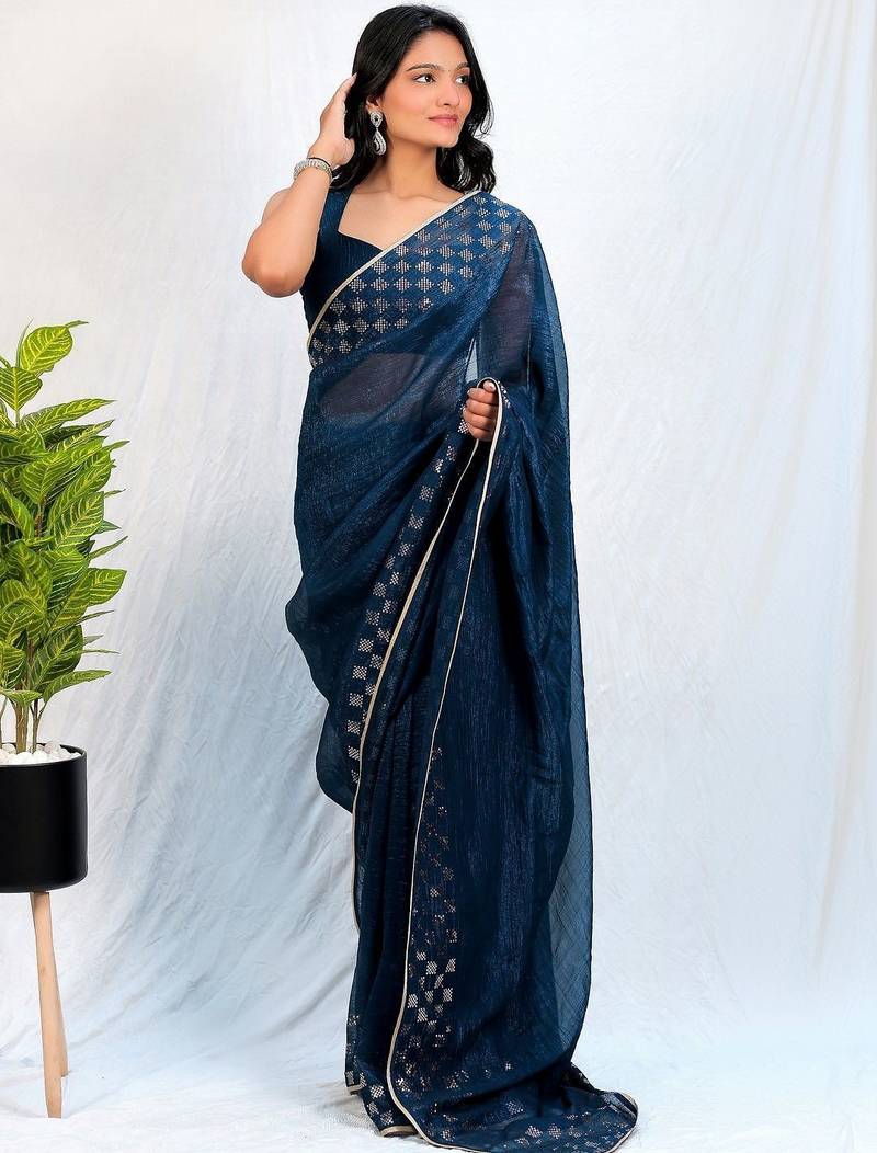 Navy blue embellished sequinned tissue heavy work saree